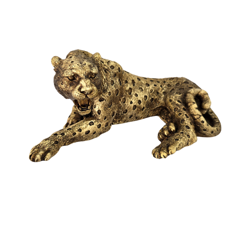 ESCULTURA DECORATIVA LEOPARDO DOURADO - Deitado - Alt 12.2 x Larg