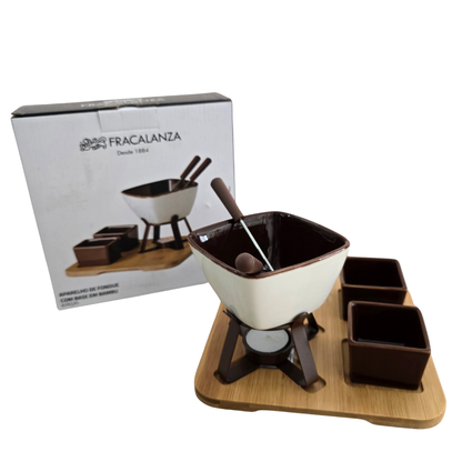 Conjunto Fondue -Inox- Cerâmica -Bambu - Carmella Presentes